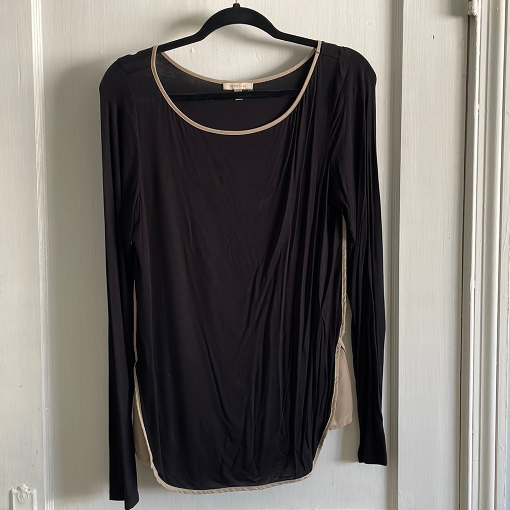 Long sleeve black shirt with tan piping